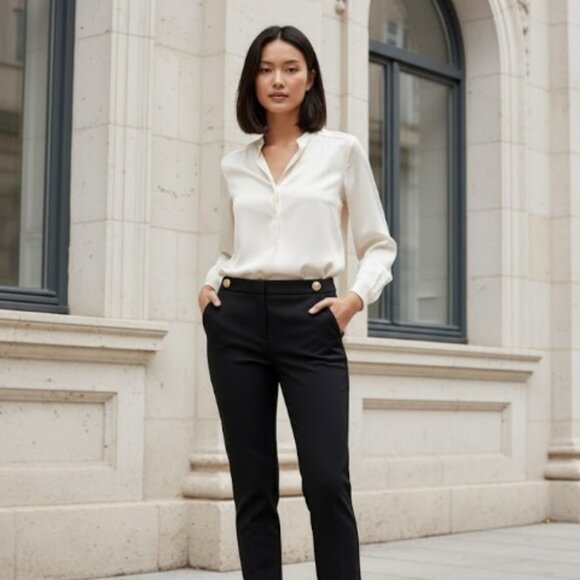 Ann Taylor Navy Gold Button Dress Pants Women’s 8 Work Slim Trousers - Picture 1 of 15